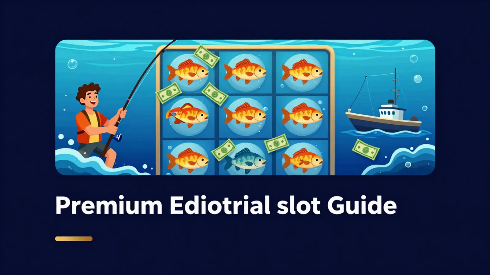 Fishin' Frenzy Even Bigger Fish slot guide cover with an underwater fishing theme and slot reel visuals